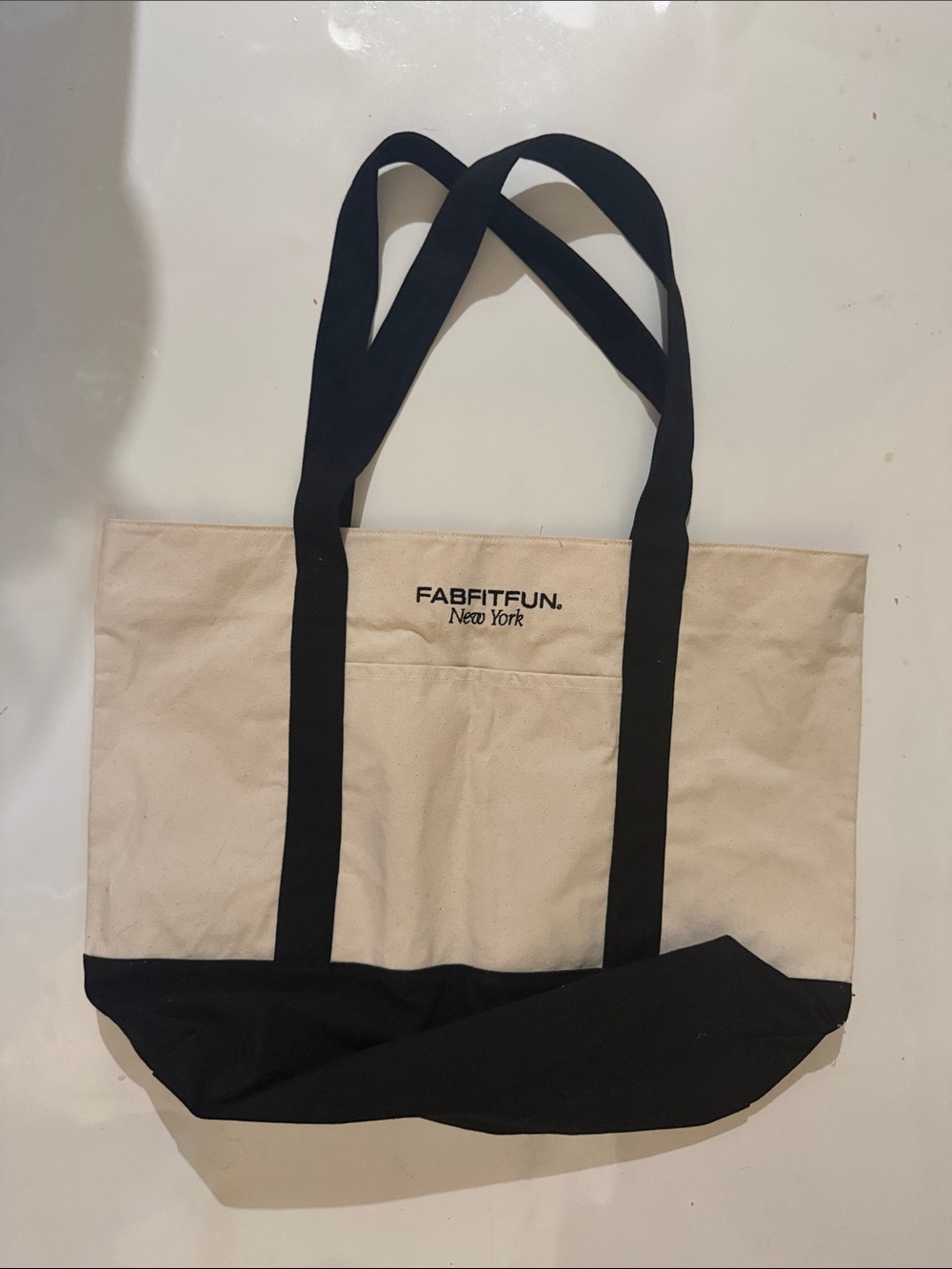 FABFITFUN New York Canvas Tote in Beige and Black